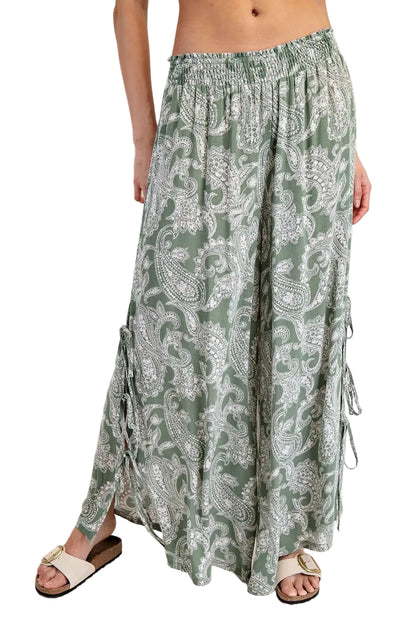 Paisley Printed Side Tie Wide Leg Pants