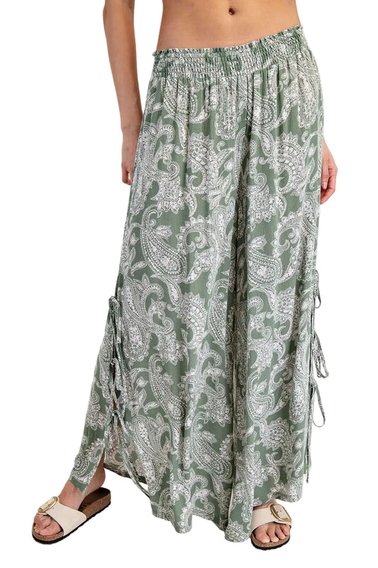 Paisley Printed Side Tie Wide Leg Pants