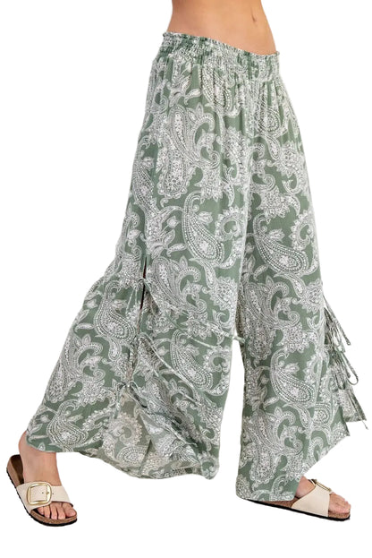 Paisley Printed Side Tie Wide Leg Pants