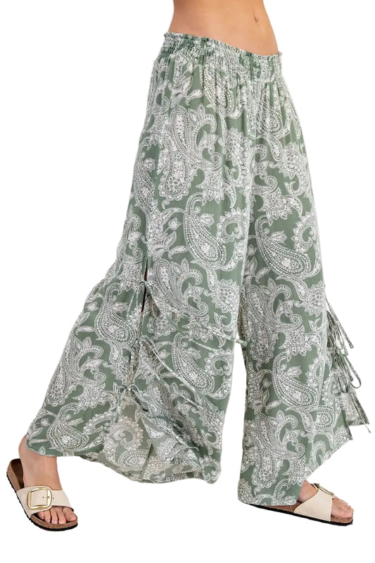 Paisley Printed Side Tie Wide Leg Pants