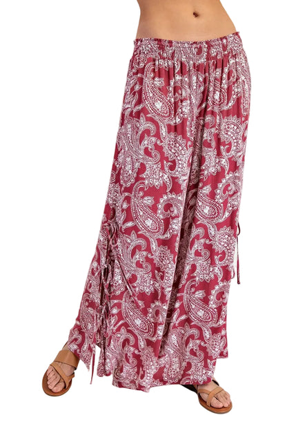 Paisley Printed Side Tie Wide Leg Pants