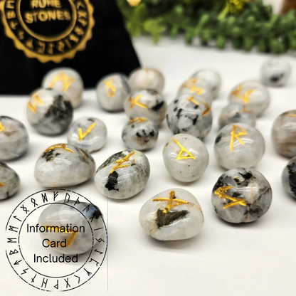 Rainbow Moonstone Rune Sets with Velvet Pouch and Grid
