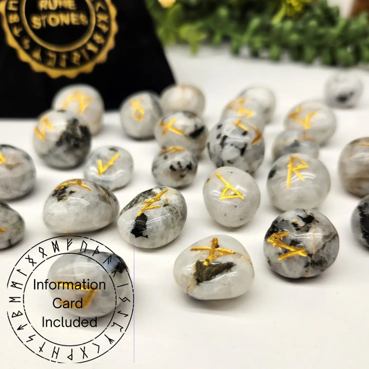 Rainbow Moonstone Rune Sets with Velvet Pouch and Grid