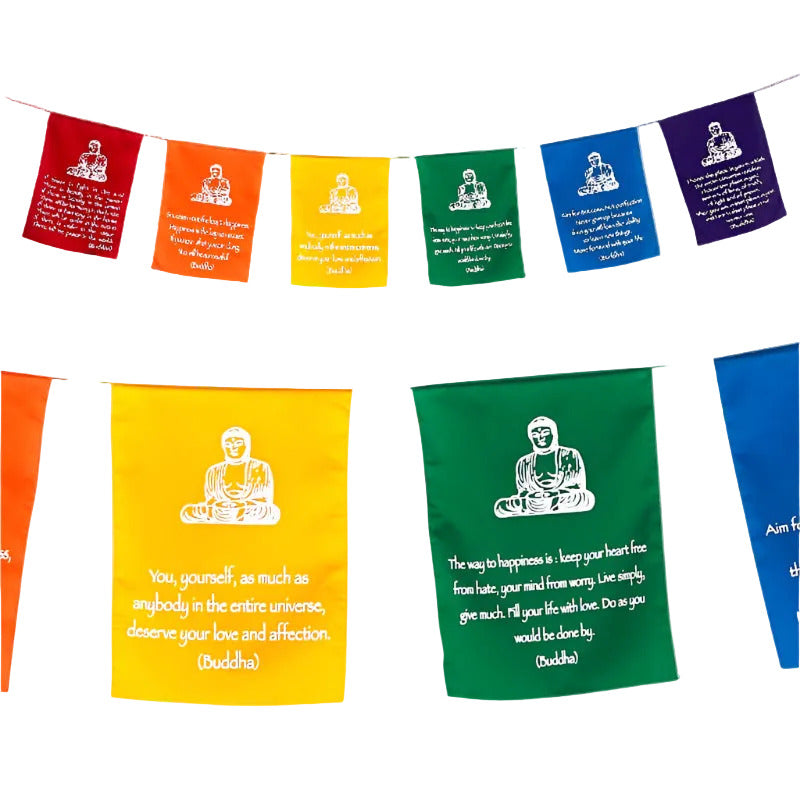 Colorful prayer flags with Buddha illustrations and quotes on a white background