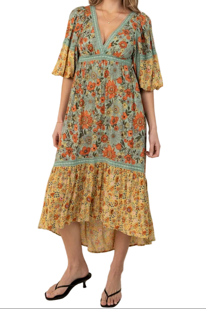 Floral Print Lace Trim Midi Dress