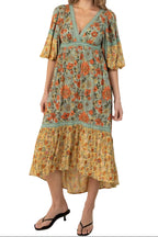 Floral Print Lace Trim Midi Dress
