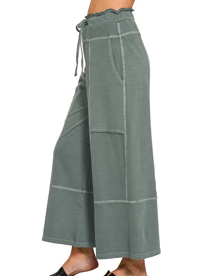 French Terry Washed Exposed-Seam Wide Leg Pants