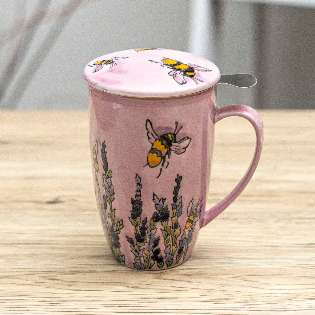 Spring Honeybee Porcelain Tea Mug with Lid and Infuser – 15 oz