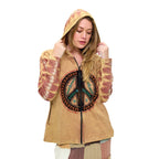 Zip-Up Jacket Vintage Washed Peace Sign Patch Embroidered