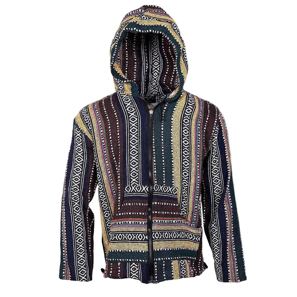 Woven Baja Style Hoodie Zip Up Earth Stripe