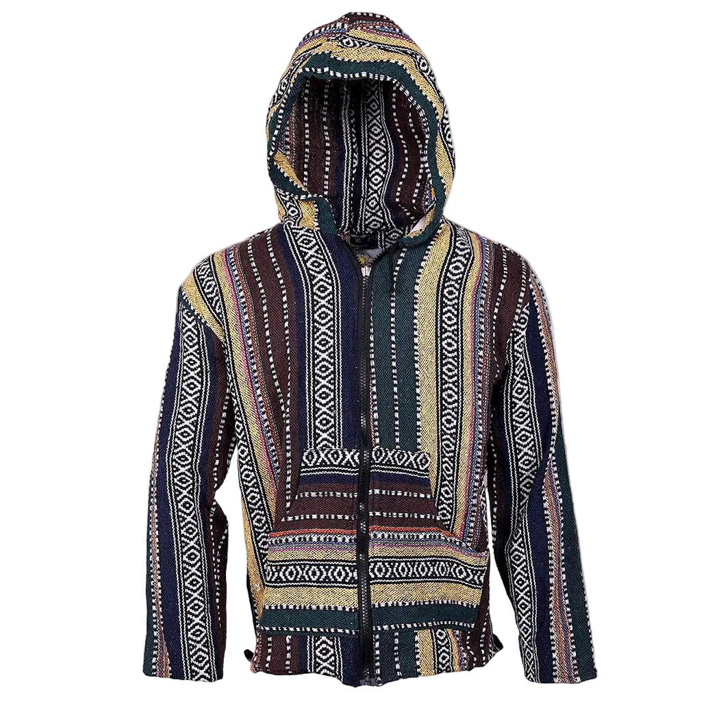 Woven Baja Style Hoodie Zip Up Earth Stripe