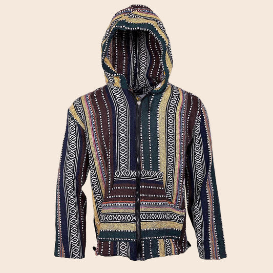 Woven Baja Style Hoodie Zip Up Earth Stripe