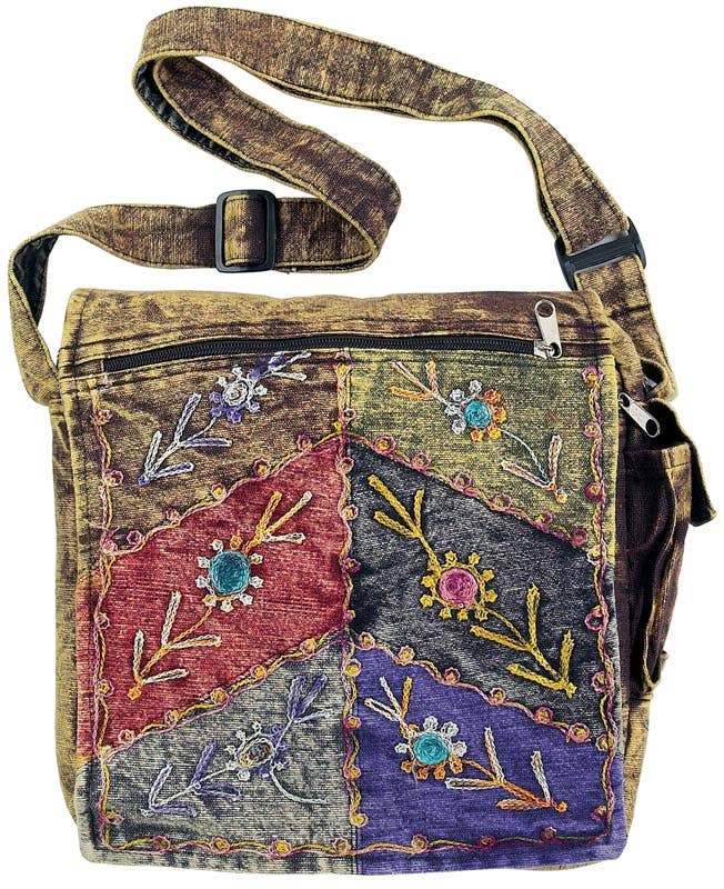Stonewashed Embroidered Patchwork Crossbody