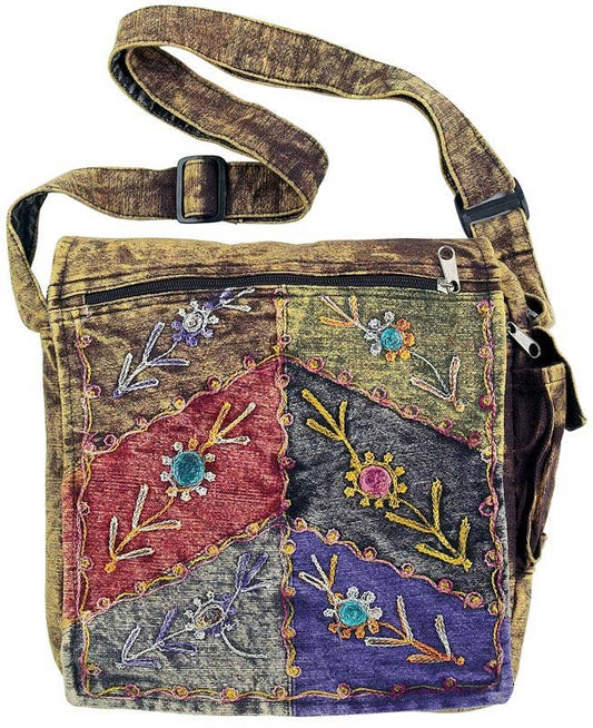 Stonewashed Embroidered Patchwork Crossbody