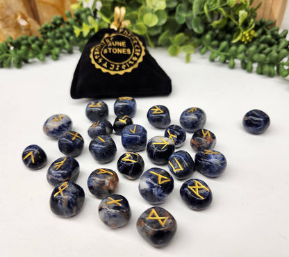 Sodalite Rune Sets with Velvet Pouch and Grid