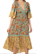 Floral Print Lace Trim Midi Dress