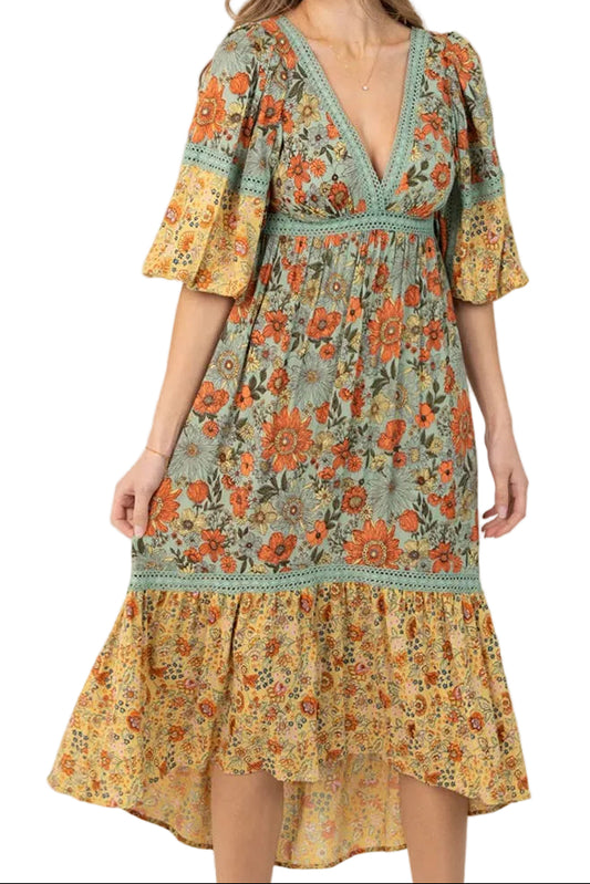 Floral Print Lace Trim Midi Dress
