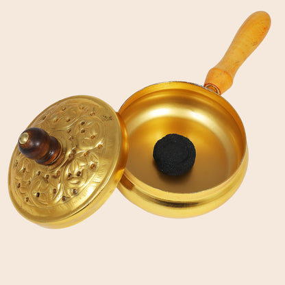 Charcoal Incense Burner with Lid & Wood handle in Brass finish