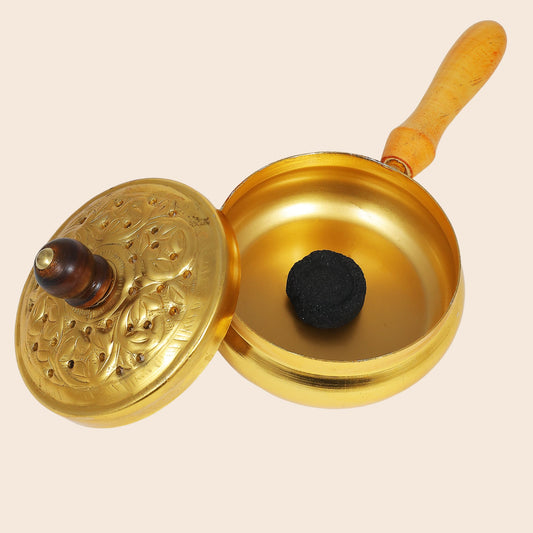 Charcoal Incense Burner with Lid & Wood handle in Brass finish