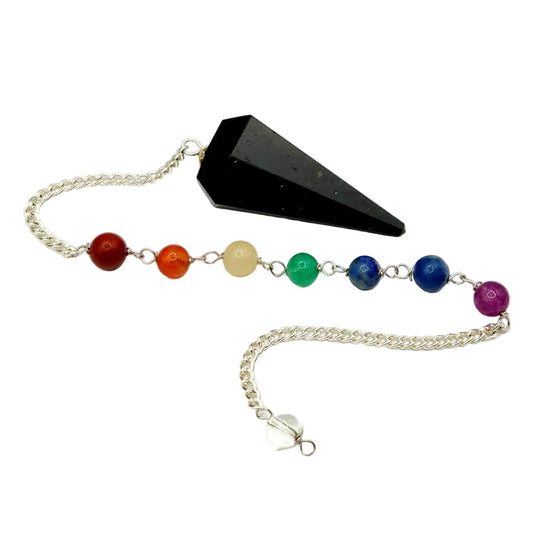 Black Tourmaline Pendulum w/Chakra Beads-Silver Plate Chain