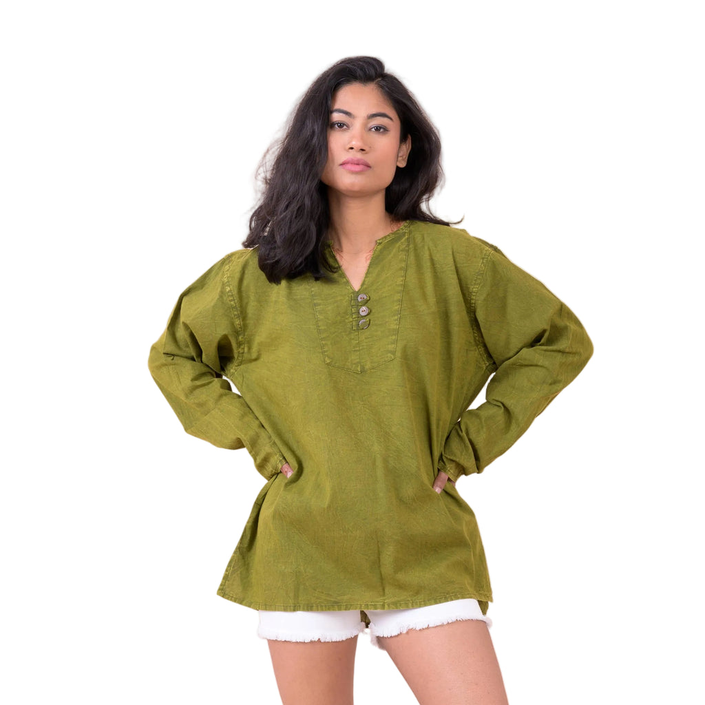 Button V-Neck Shirt, Cotton Acid Wash Long Sleeve