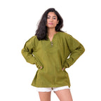 Button V-Neck Shirt, Cotton Acid Wash Long Sleeve