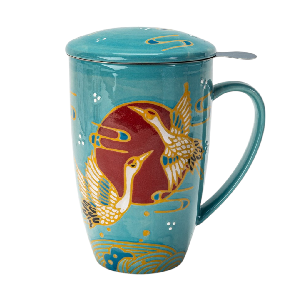 Japanese Crane Design 15oz Tea Mugs with Lid and Infuser for Loose Leaf Tea