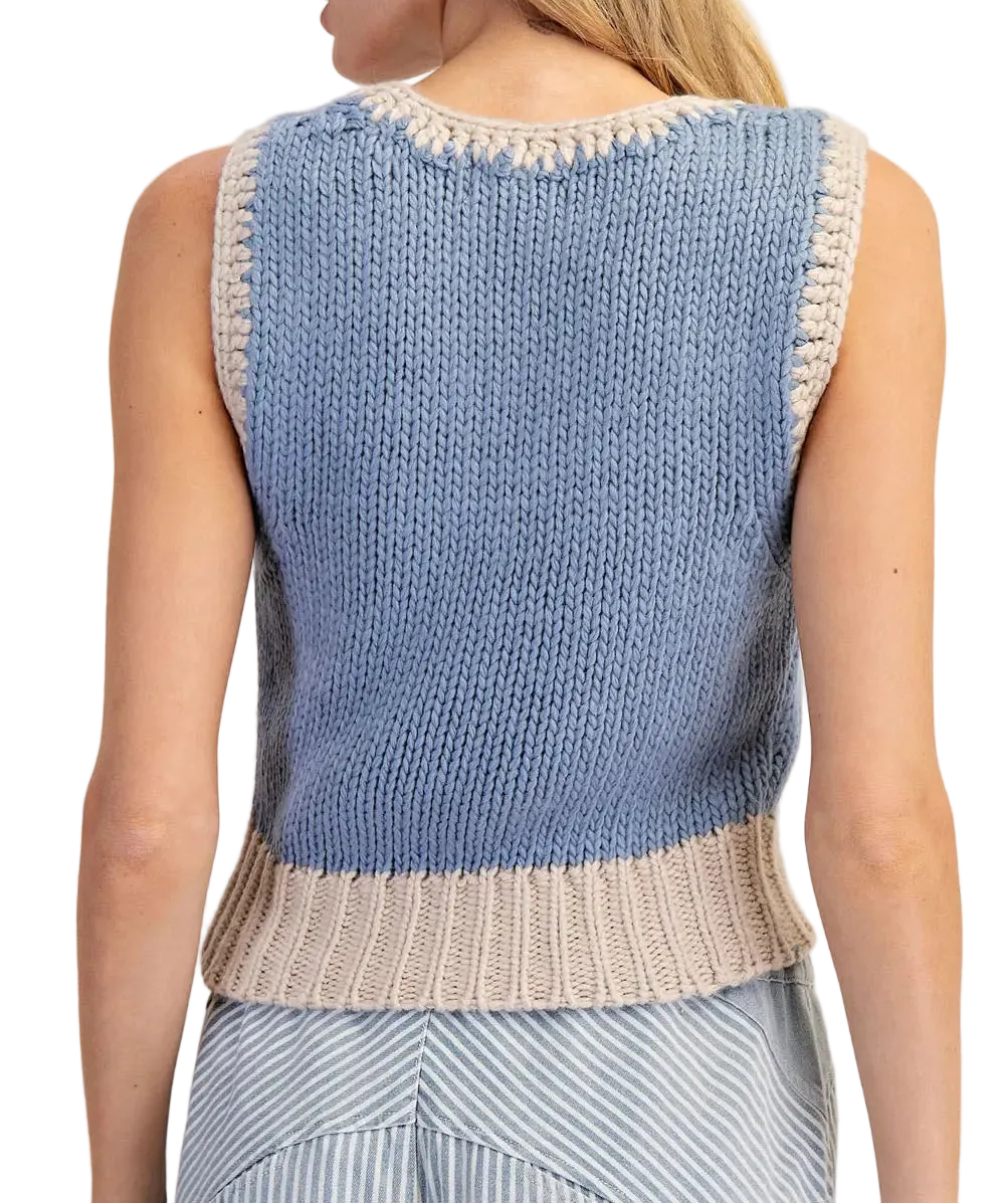 Blue and White Sleeveless Cropped Sweater Vest
