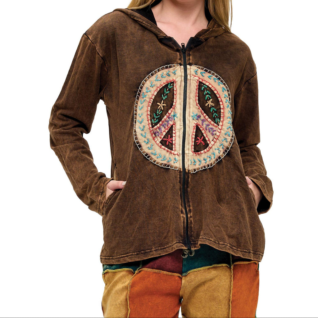 Zip-Up Jacket Vintage Washed Peace Sign Patch Embroidered