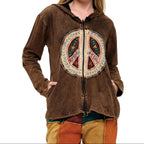 Zip-Up Jacket Vintage Washed Peace Sign Patch Embroidered