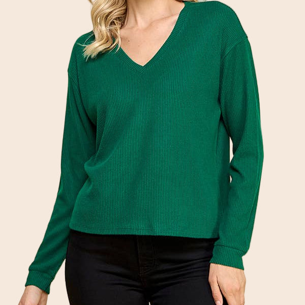V-Neck Brushed Rib Long Sleeve Top