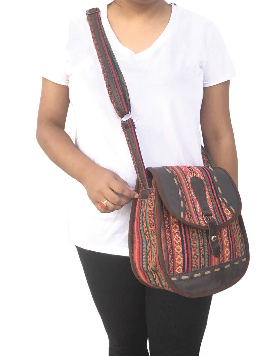 Tribal Cotton and Leather Messenger Bag