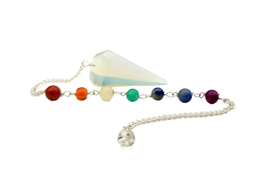 Opalite Pendulum w/Chakra Gemstone Beads-Silver Plate Chain