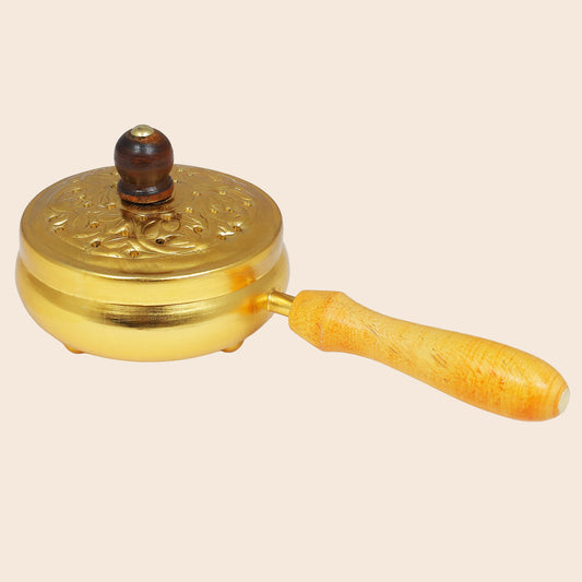 Charcoal Incense Burner with Lid & Wood handle in Brass finish