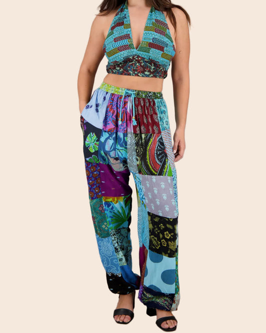 Patchwork Halter Top and Harem Pants Matching Set