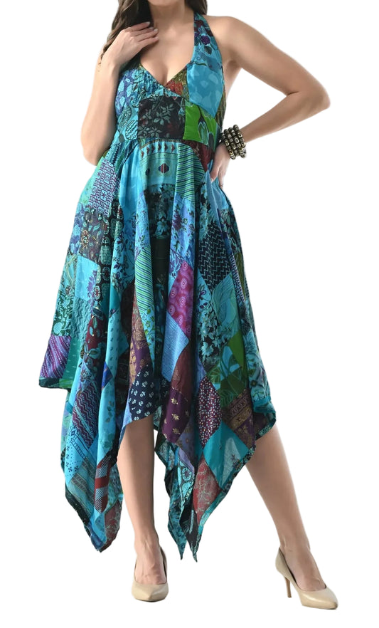 Patchwork Handkerchief Hem Midi Dress