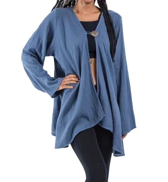 A collage showing a woman modeling three different lightweight open-front cardigans in rust orange, dusty blue, and charcoal gray, paired with black leggings against a white studio background.