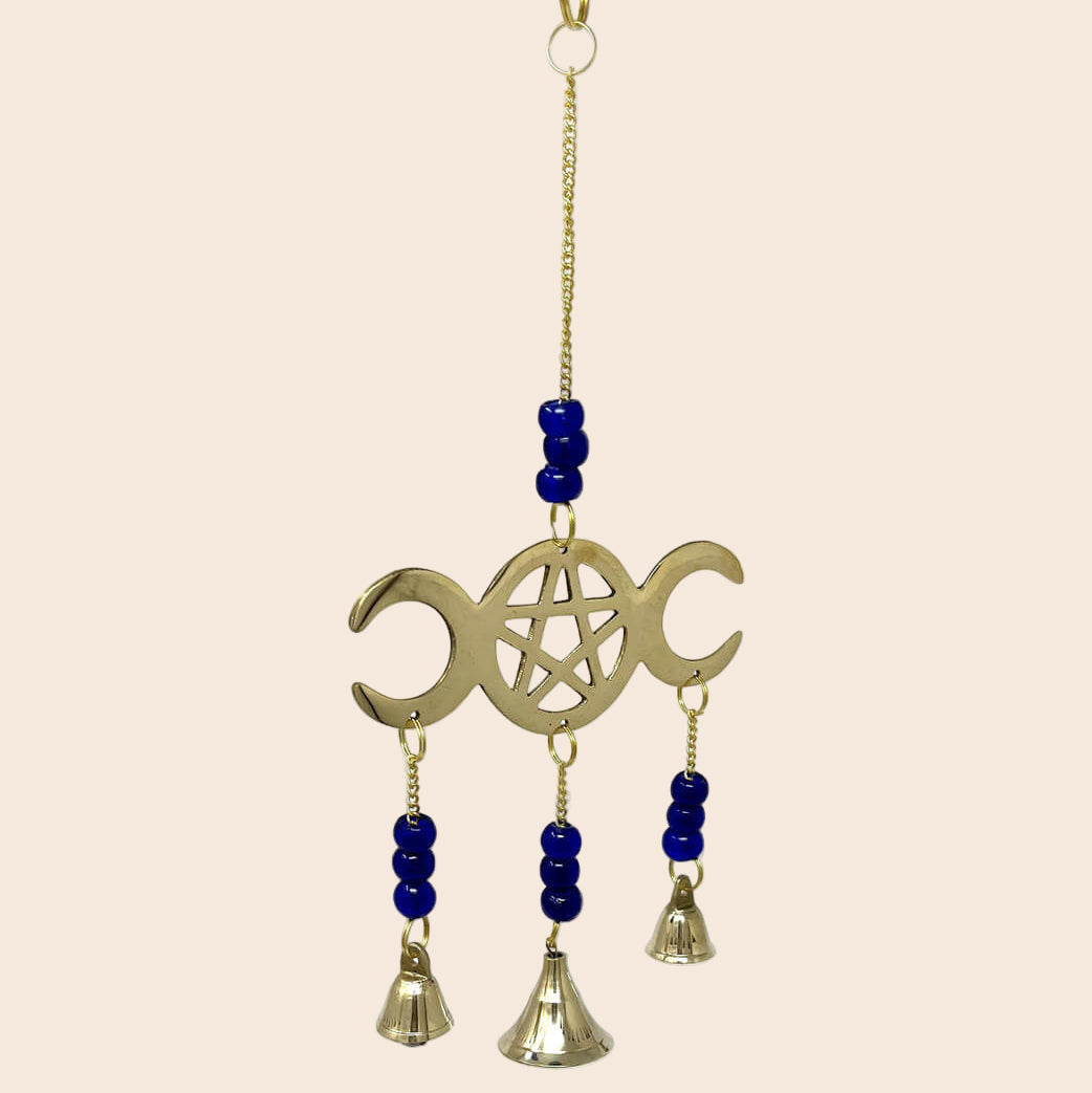 Brass Wind Chime Triple Moon Pentacle with Bells & Beads
