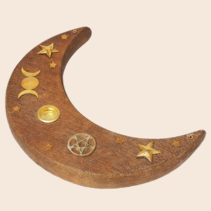 Wood Incense Holder Crescent Moon 6"