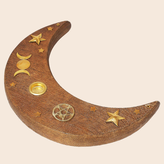 Wood Incense Holder Crescent Moon 6"