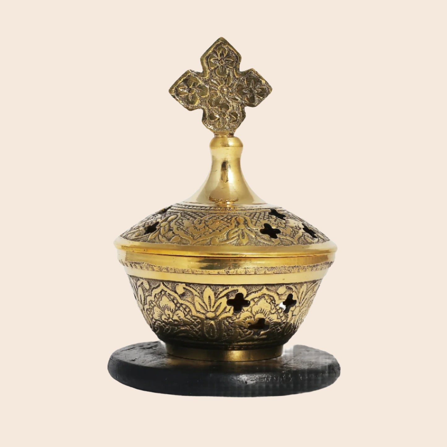 Cross Charcoal/Incense Burner Brass w/ Wood Coaster