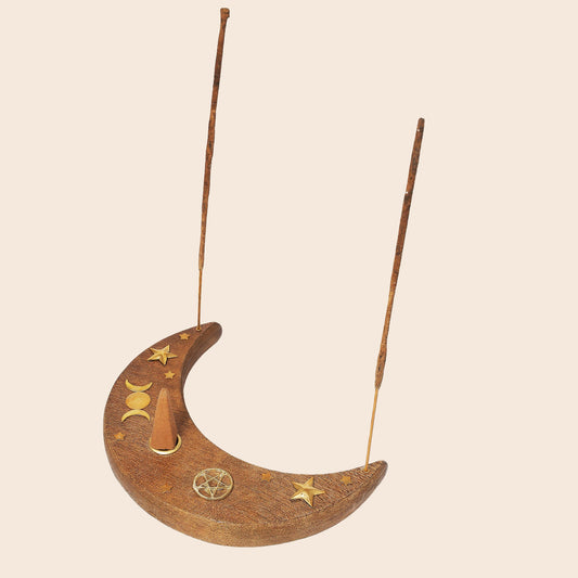 Wood Incense Holder Crescent Moon 6"