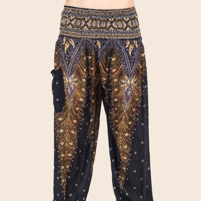 Black Peacock Feather Harem Pants