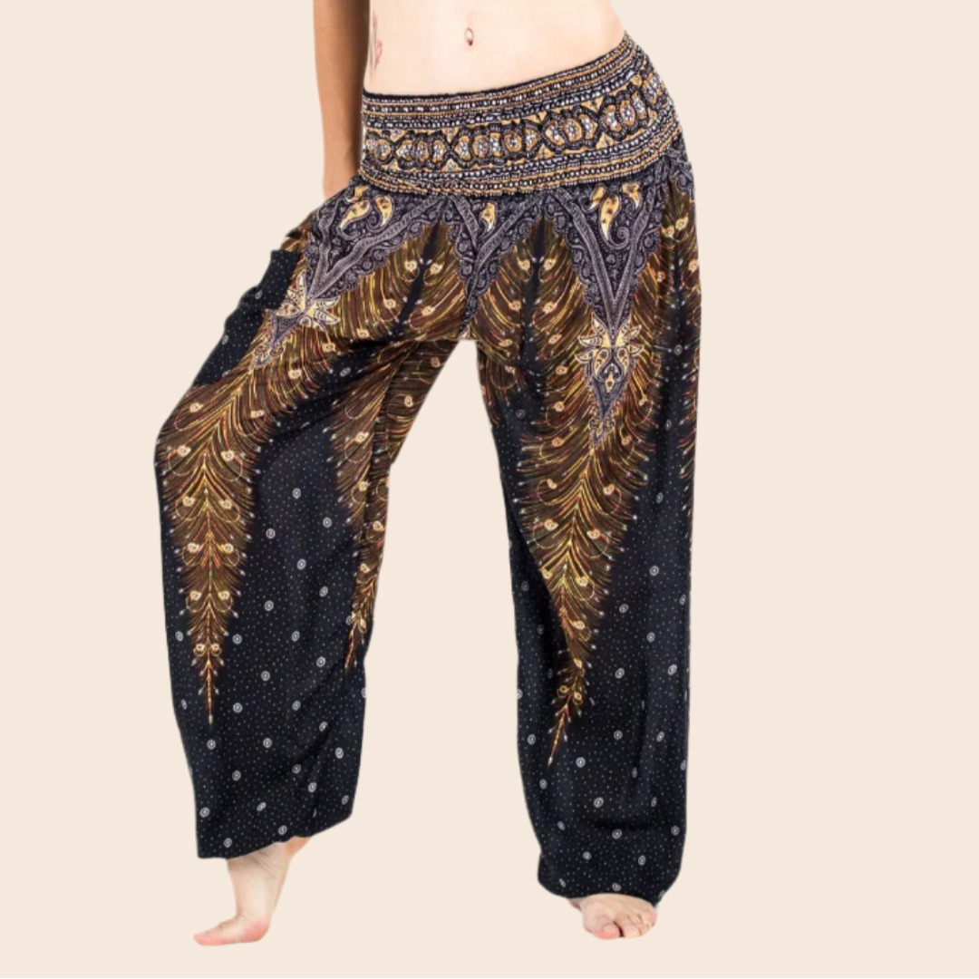 Black Peacock Feather Harem Pants