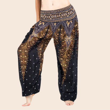 Black Peacock Feather Harem Pants