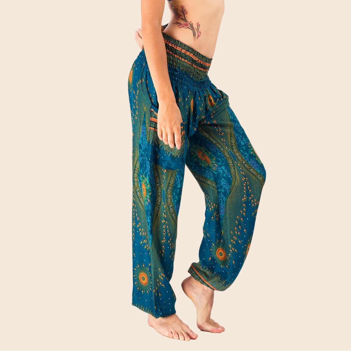 Turquoise Peacock's Eye Harem Pants