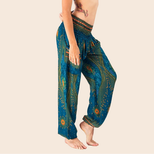 Turquoise Peacock's Eye Harem Pants