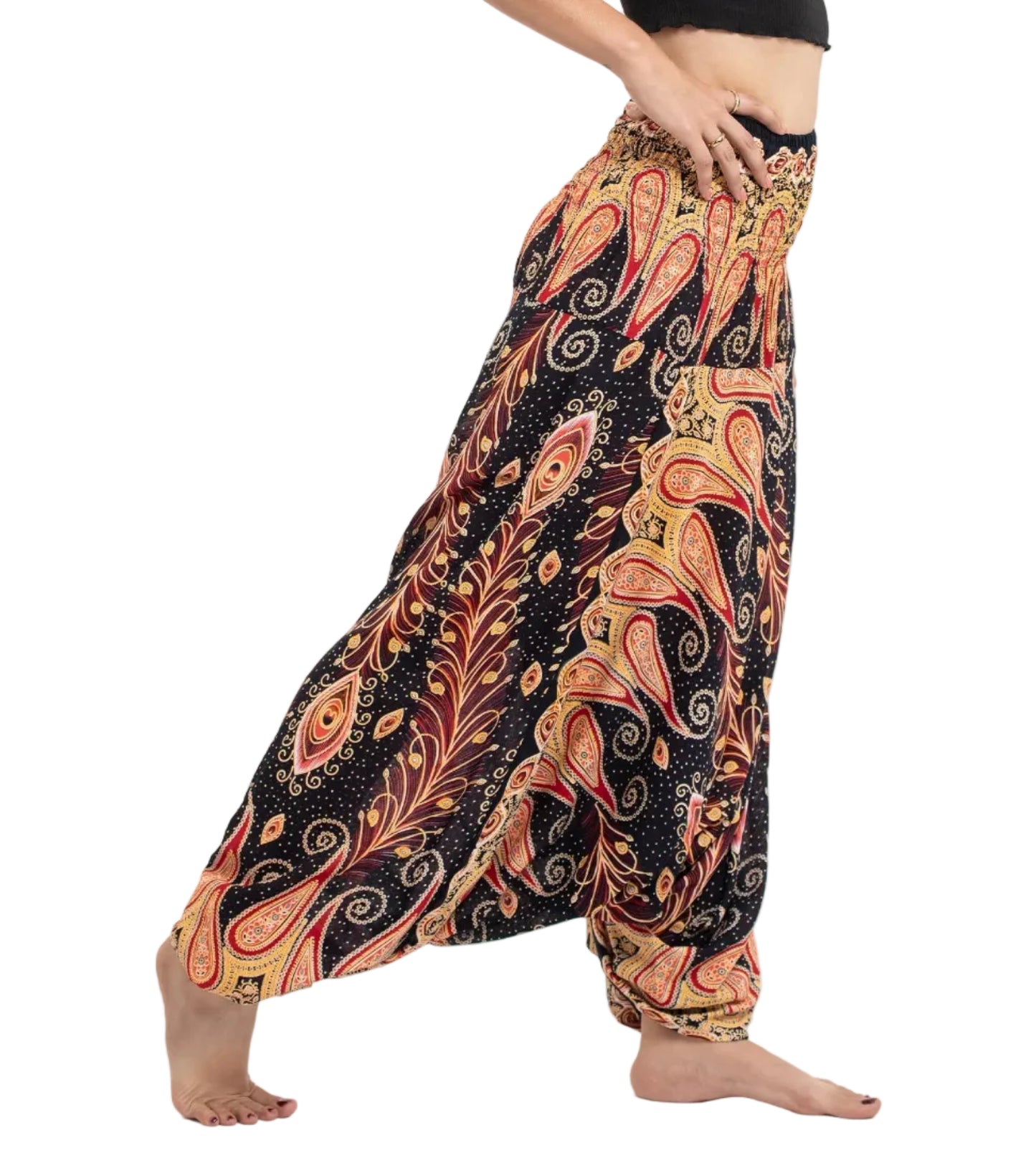 Black Peacock Paisley Low Crotch Harem Pants