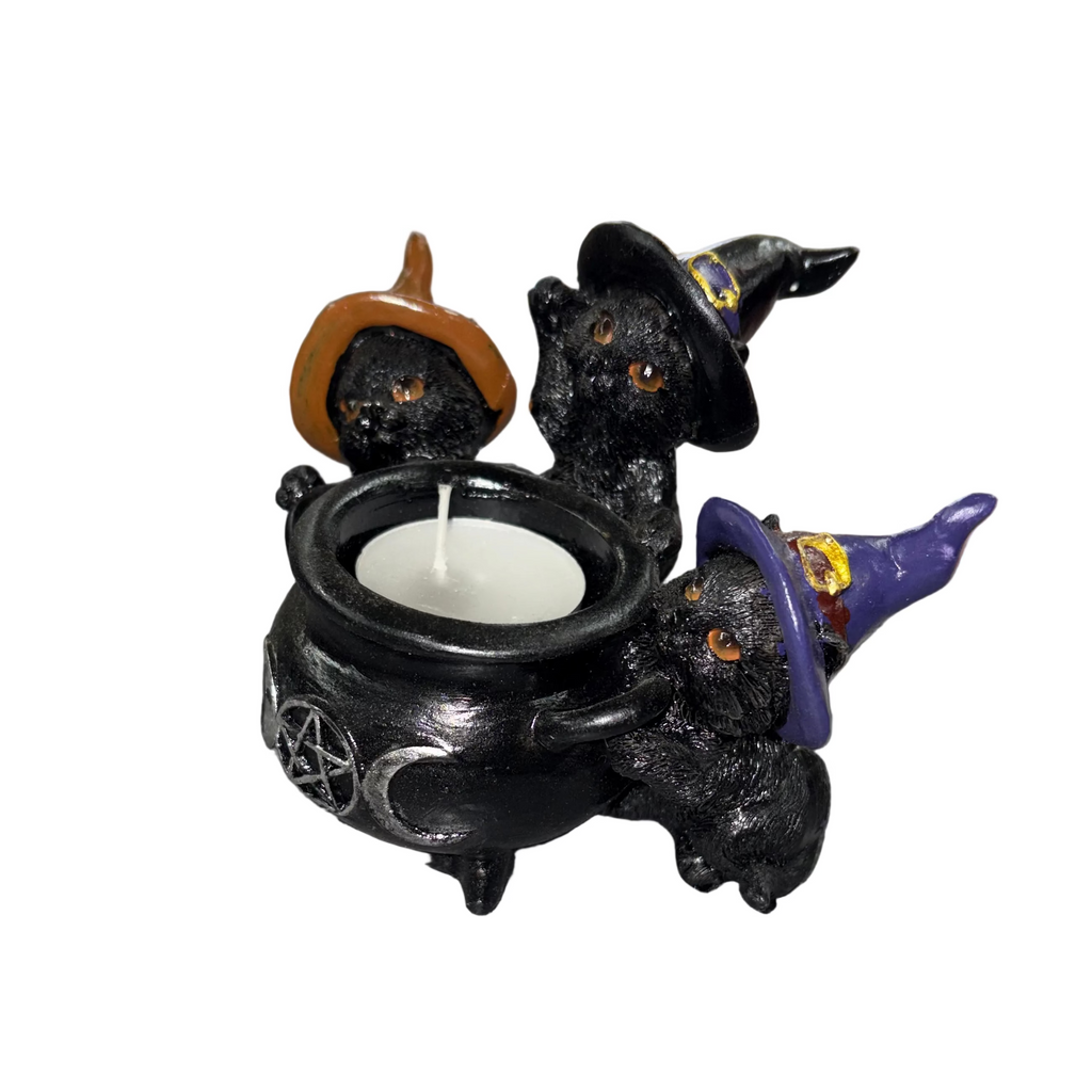 Black Cats With Cauldron Candle Holder