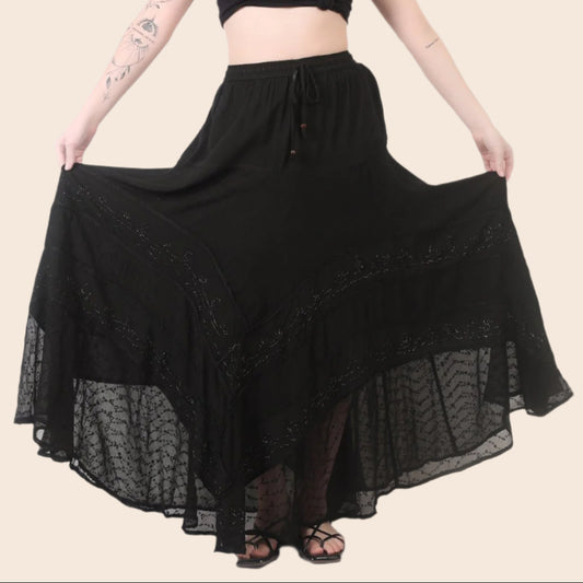 Embroidered and Lace Boho Maxi Skirt
